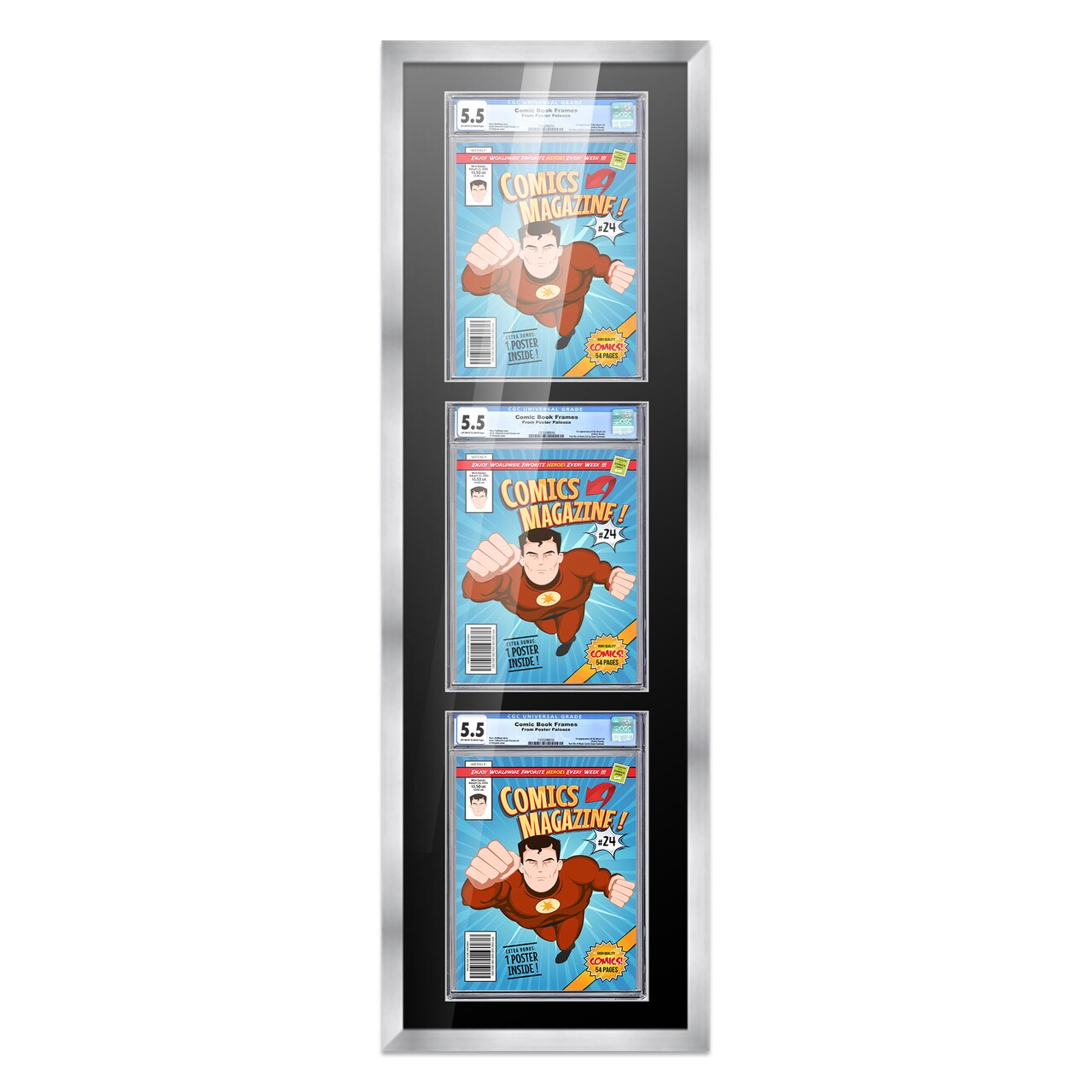 Comic Book Frame with Mat for 3 Graded Comics - Silver Wood Comic Frame With Black Mat for 8.125x13 Comics - 11.75x43.5 Frame Size